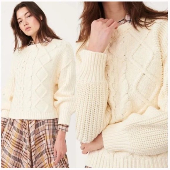 Free People Dream Cable Crew Pullover Sweater Oversized Cream NWT - Picture 4 of 16